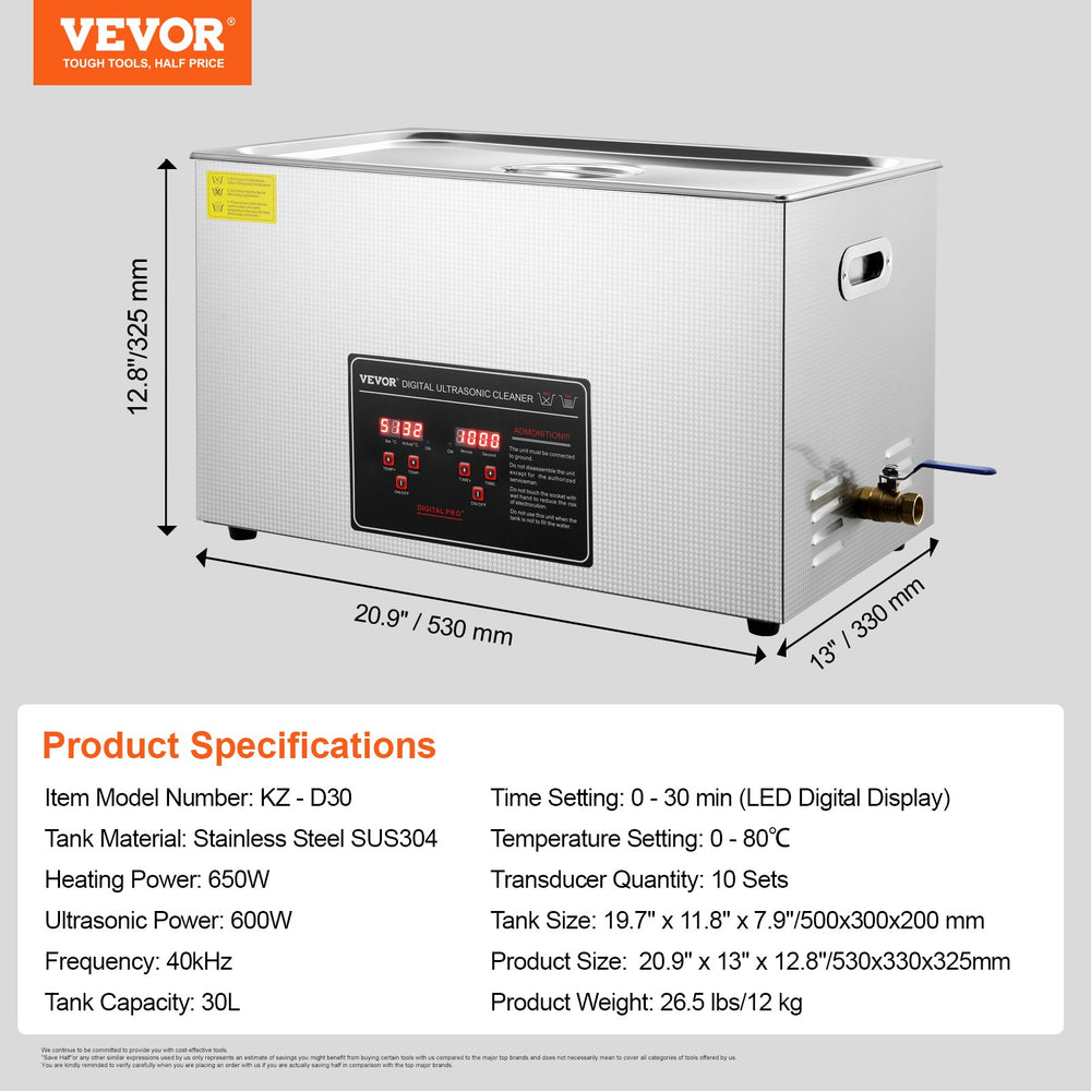 Vevor Ultrasonic Cleaner 30L Capacity with Digital Timer & Heater 40kHz 600W New