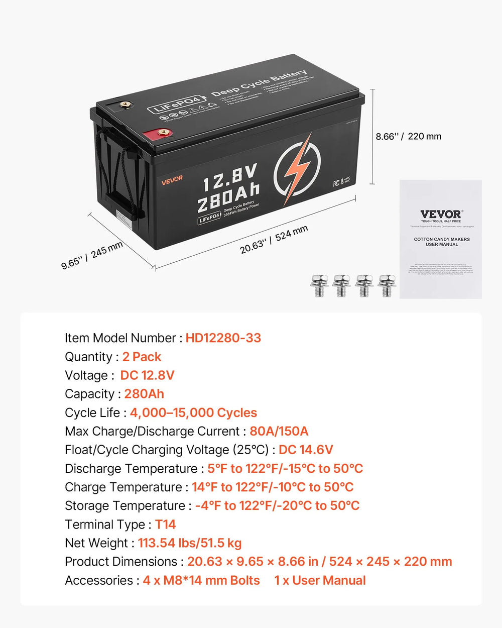Vevor LiFePO4 Battery 12V 280Ah Deep Cycle with Built-in BMS 2-Pack New