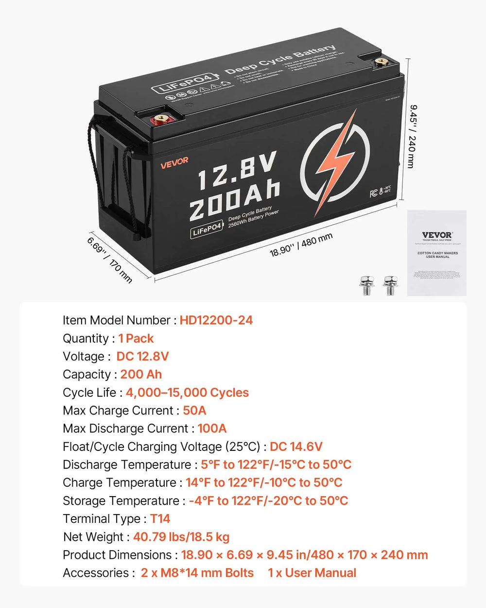Vevor Deep Cycle Battery LiFePO4 12V 200Ah with Built-in BMS New