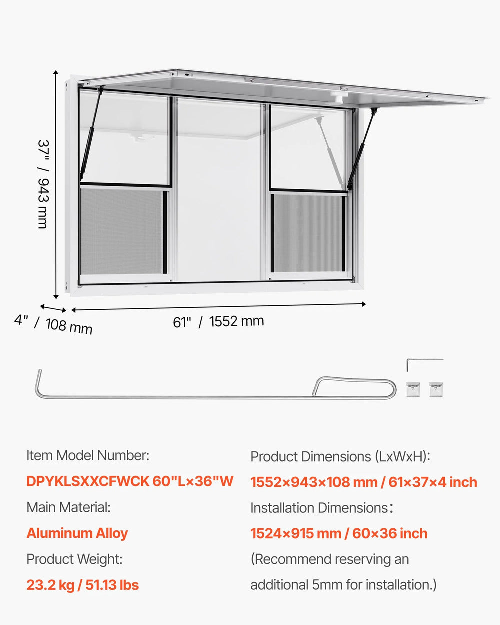 Vevor Concession Window 60" x 36" with 6 Sliding Windows 85° Awning Door New