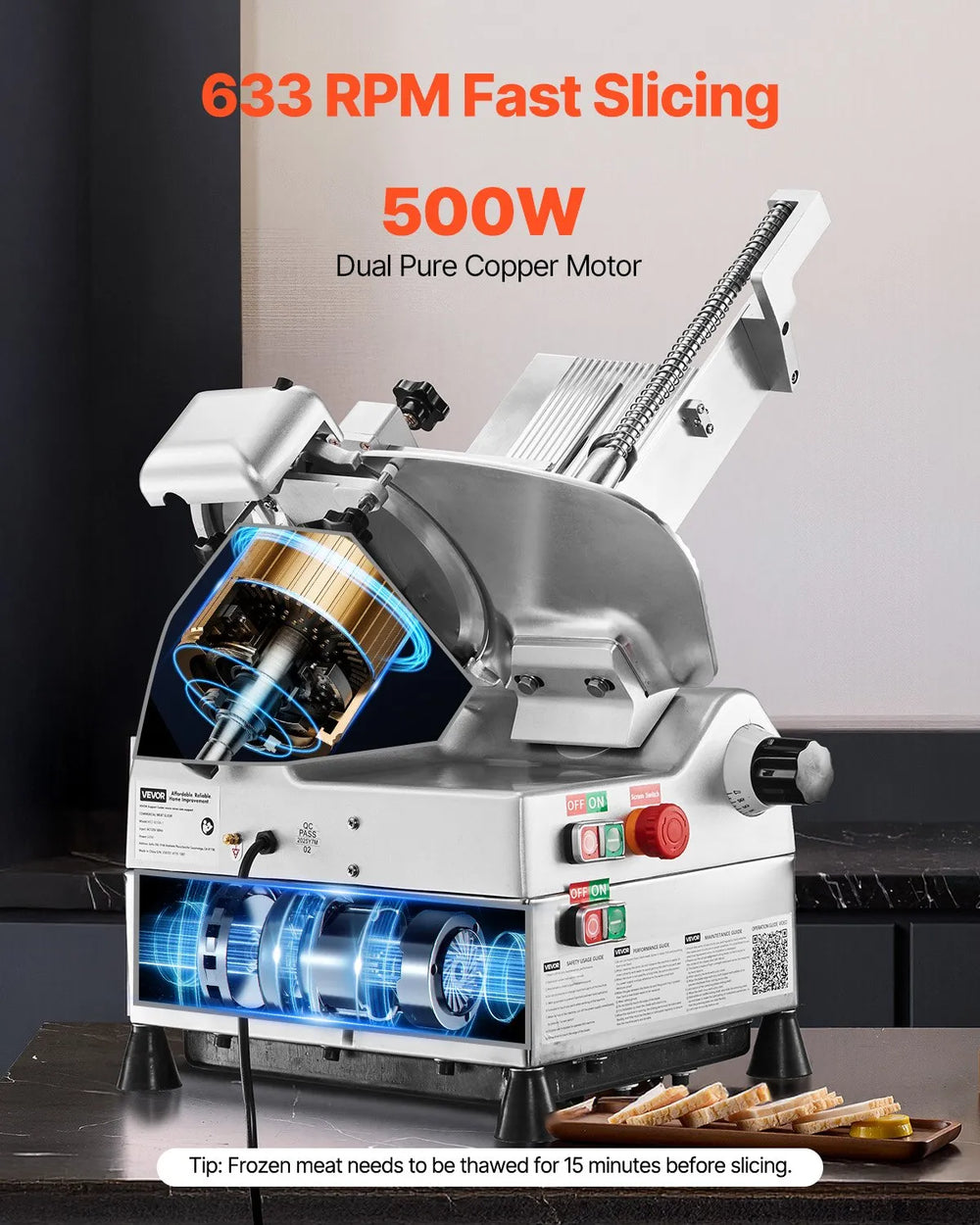 Vevor Automatic Meat Slicer 10" Blade Adjustable Thickness 633 RPM 500W New