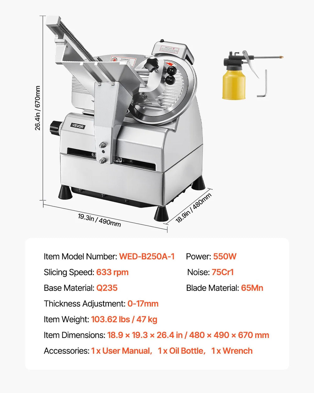 Vevor Automatic Meat Slicer 10" Blade Adjustable Thickness 633 RPM 500W New