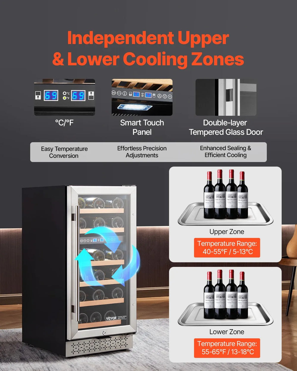 Vevor Dual Zone Wine Cooler 28-Bottle Freestanding Mini Fridge with Touch Temp Control New