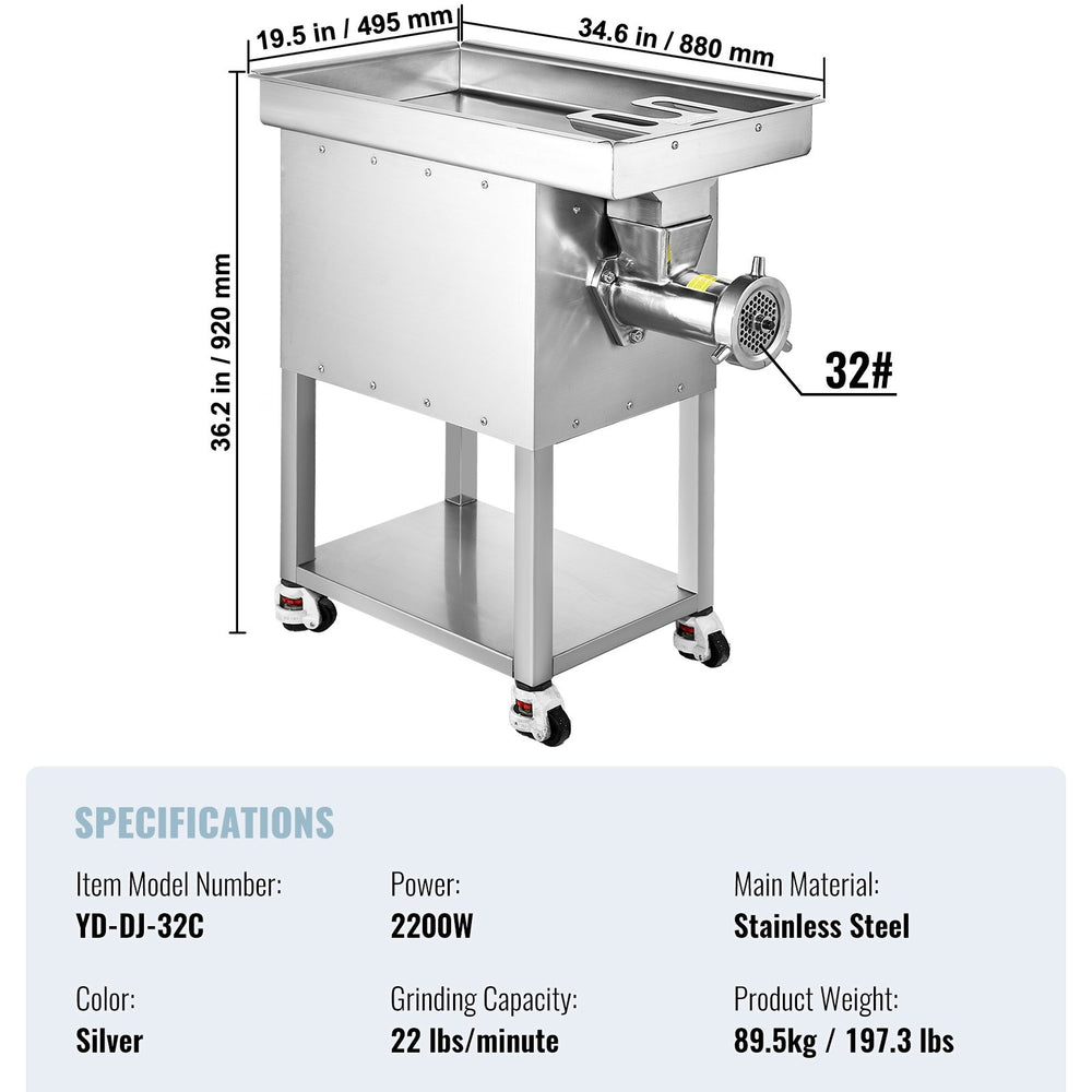 Vevor Commercial Meat Grinder 22 Lbs/Min High Efficiency with Sausage Stuffer 2200W New