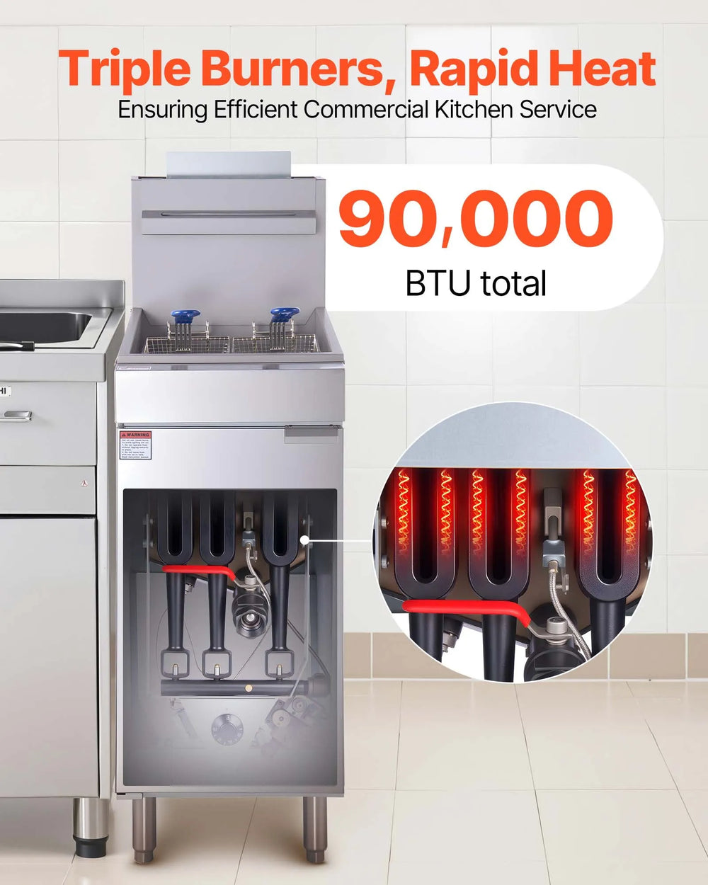 Vevor Commercial Deep Fryer 3-Burner 40 lbs Capacity Natural Gas with Dual Baskets New