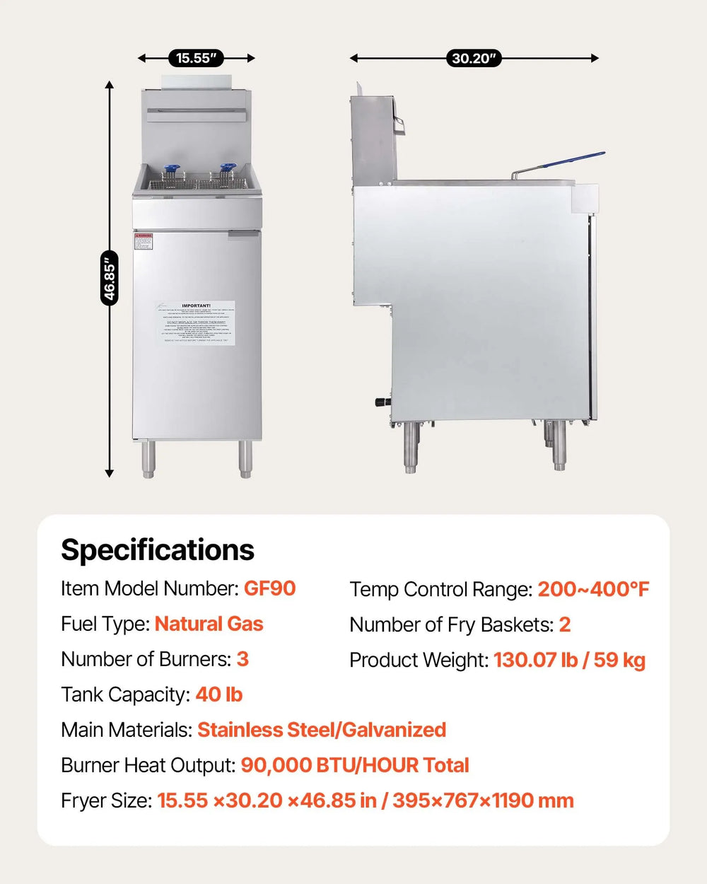 Vevor Commercial Deep Fryer 3-Burner 40 lbs Capacity Natural Gas with Dual Baskets New