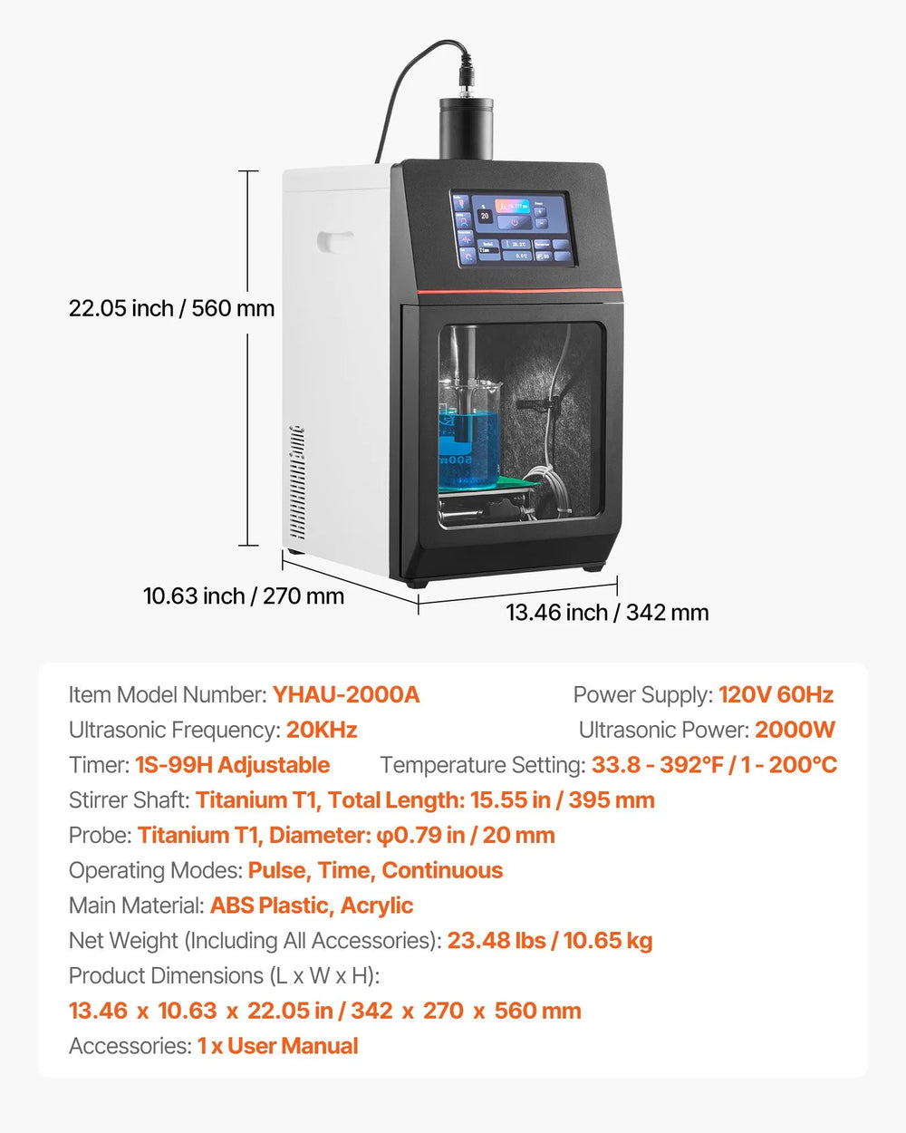 Vevor Ultrasonic Homogenizer Mixer with Timer Pulse Modes 20KHz Frequency 2000W New