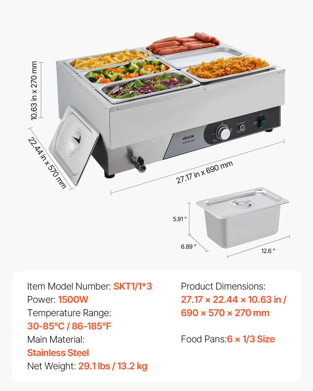 Vevor Commercial Food Warmer Steam Table with Six 1/3-Pans Stainless Steel 1500W New