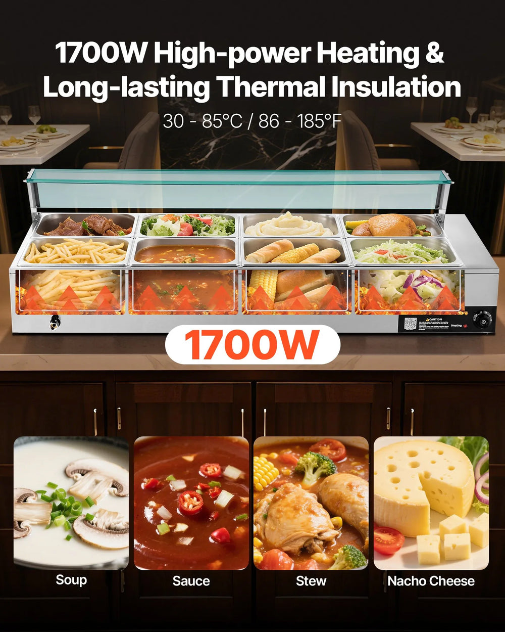 Vevor Electric Food Warmer Stainless Steel with Glass Cover 8 Pan 1700W New