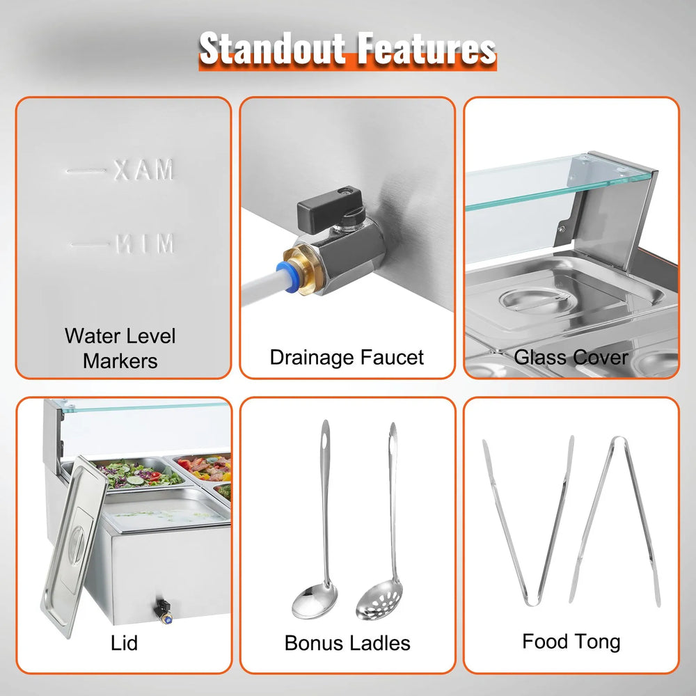 Vevor Food Warmer 8-Pan Electric Steam Table 86-185°F Temp Control 1700W New