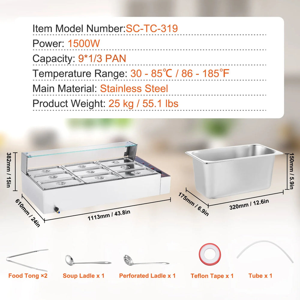 Vevor Commercial Food Warmer 9-Pan Steam Table with Glass Shield 1500W New