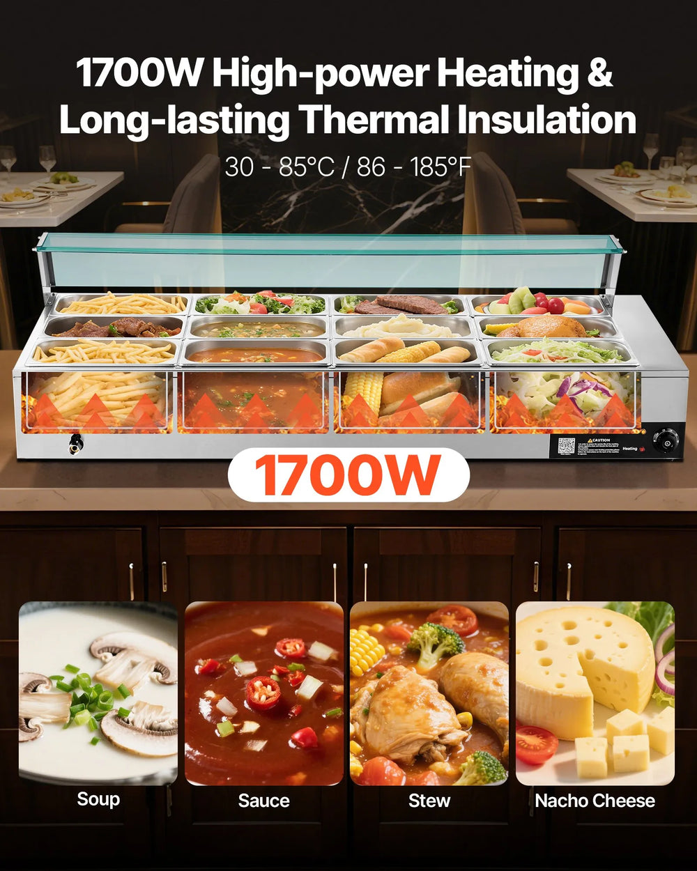 Vevor Food Warmer 12-Pan Electric Steam Table 86-185°F Temp Control 1700W New