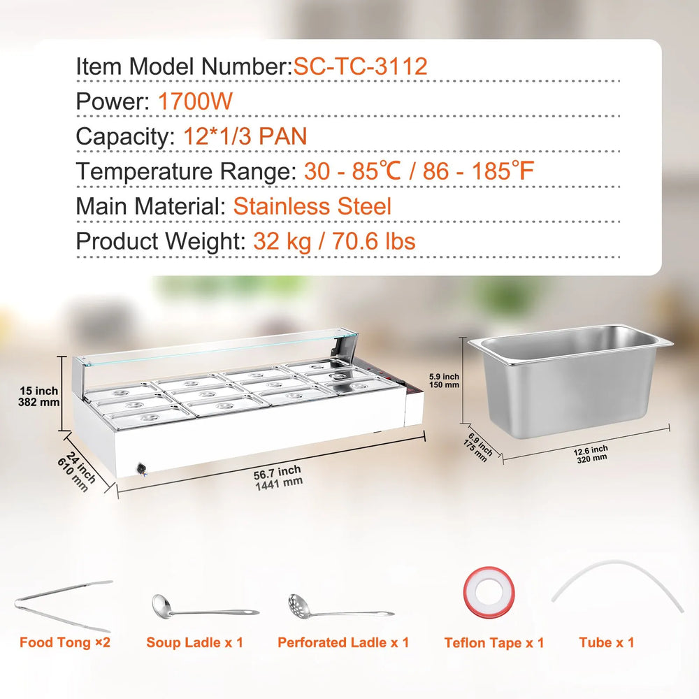 Vevor Electric Food Warmer Stainless Steel with Glass Cover 12 Pan 1700W New
