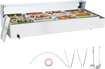Vevor Electric Food Warmer Stainless Steel with Glass Cover 12 Pan 1700W New