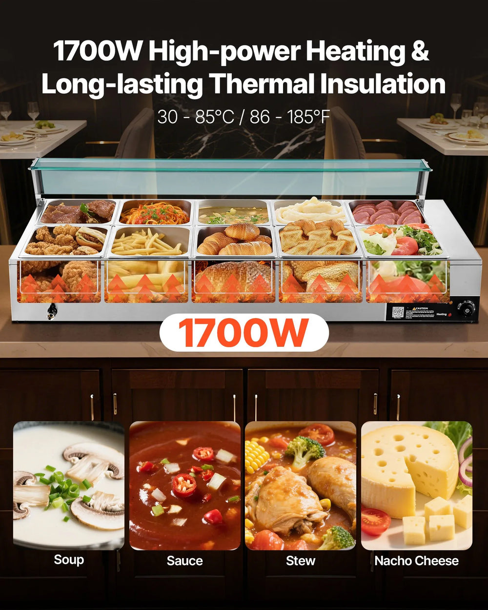 Vevor Food Warmer 10-Pan Electric Steam Table 86-185°F Temp Control 1700W New