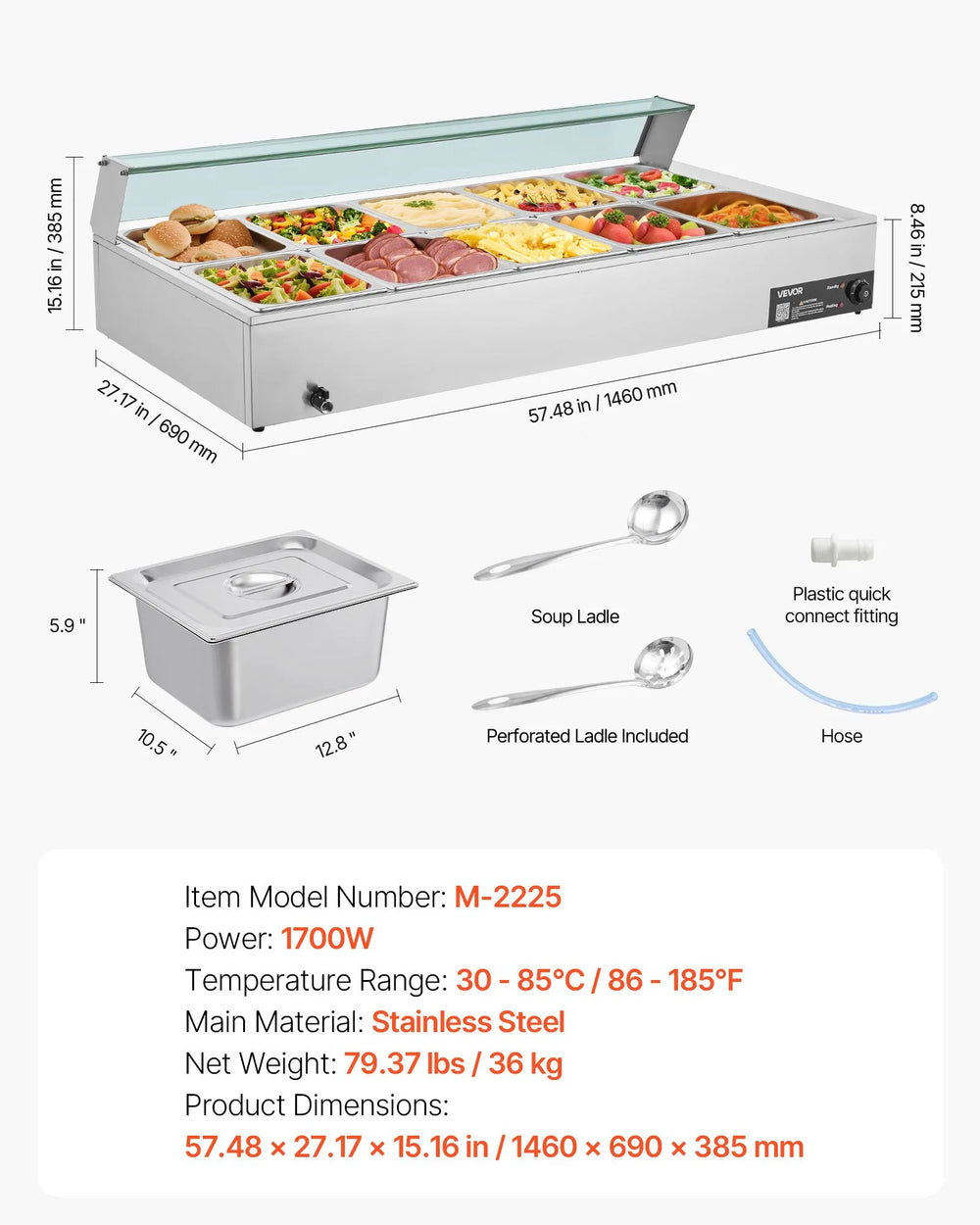 Vevor Food Warmer 10-Pan Electric Steam Table 86-185°F Temp Control 1700W New