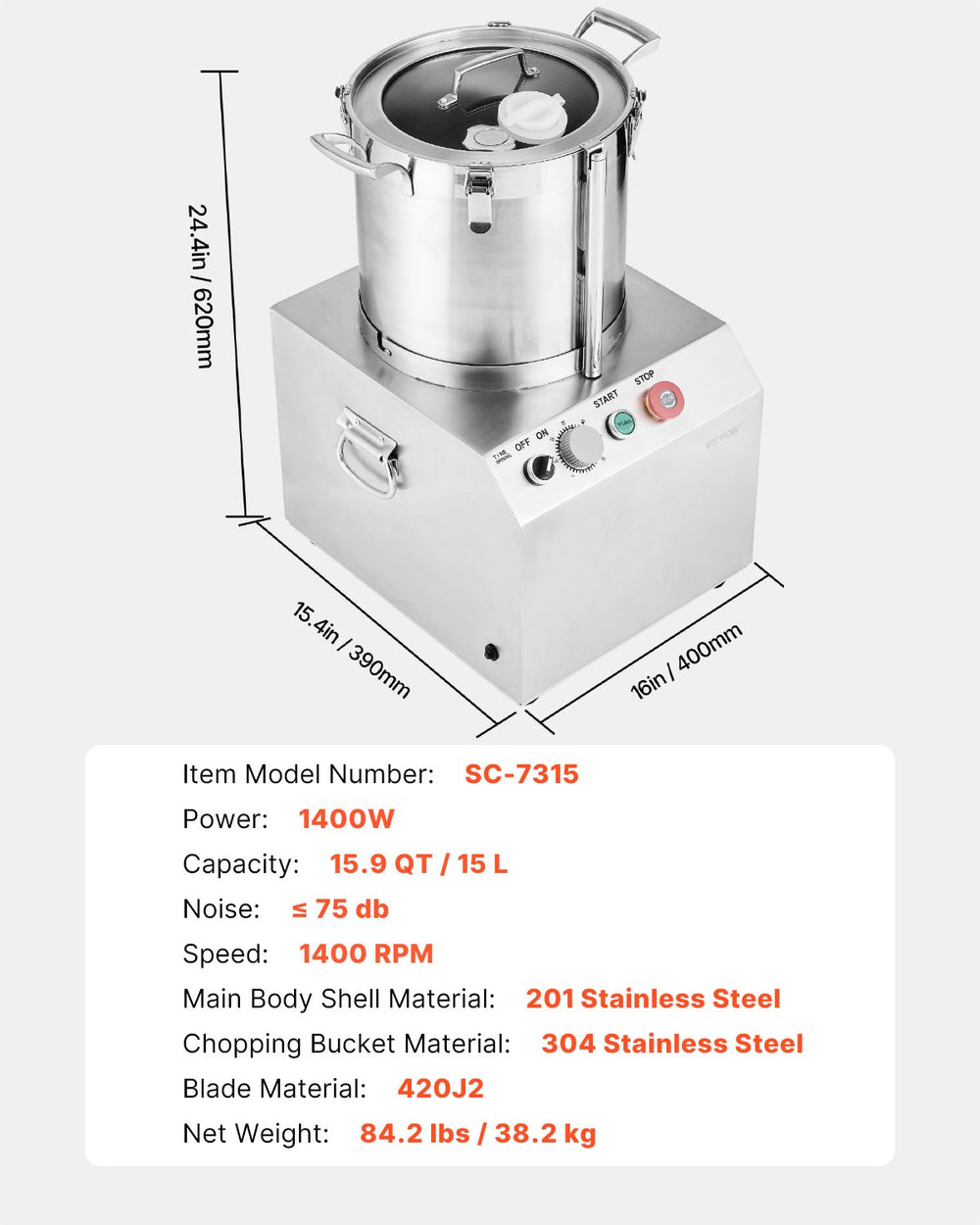 Vevor Food Processor Vegetable Chopper 15.9 Quart Bowl 1400W New