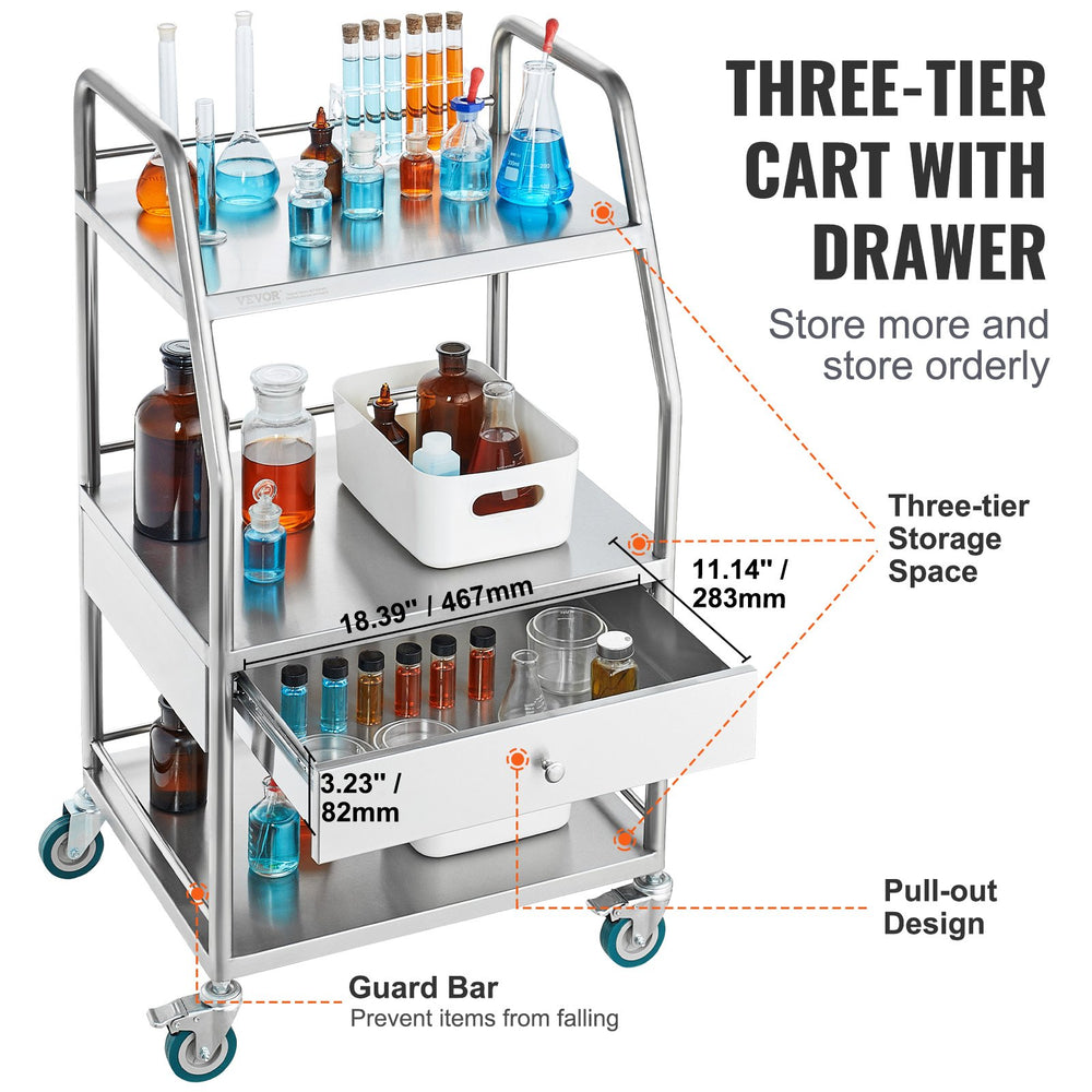 Vevor Lab Serving Cart 3-Tier Stainless Steel with Drawer and Lockable Wheels New