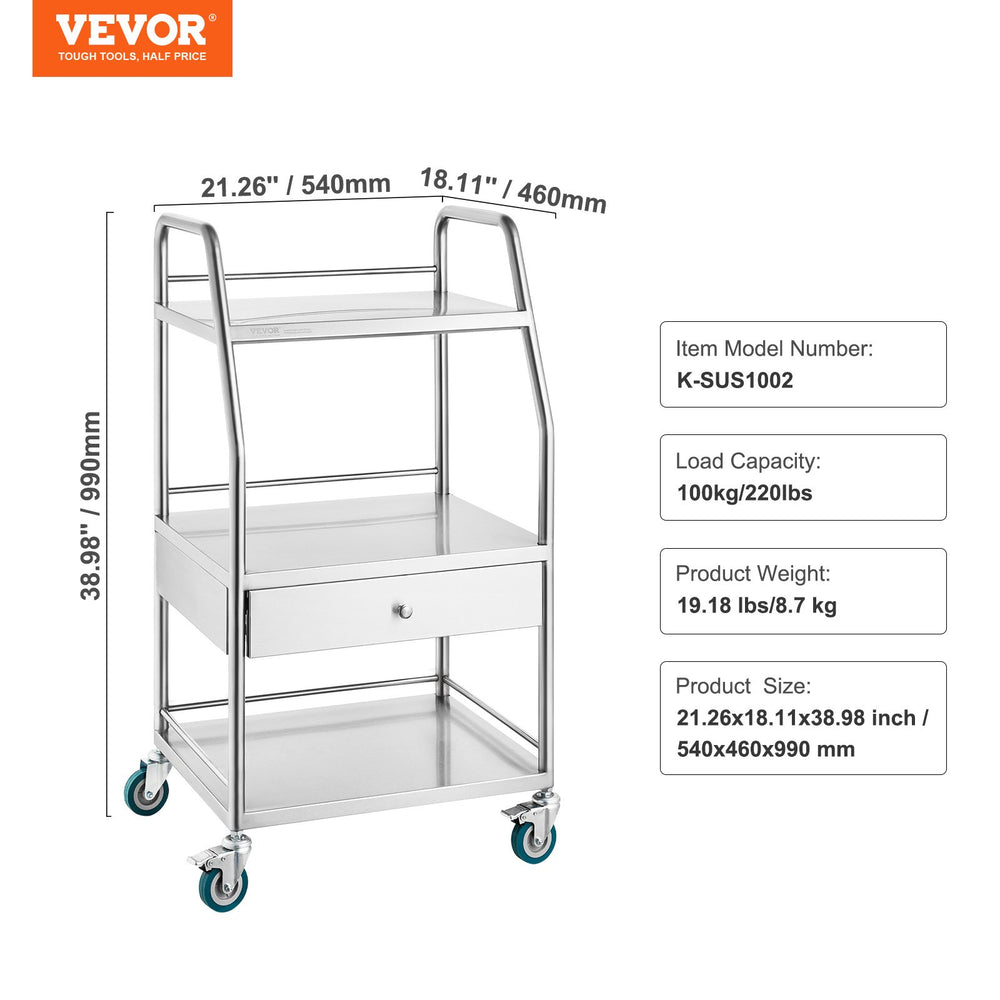 Vevor Lab Serving Cart 3-Tier Stainless Steel with Drawer and Lockable Wheels New