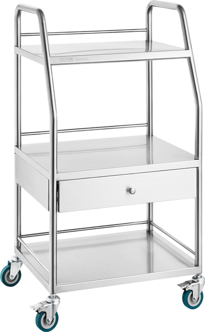 Vevor Lab Serving Cart 3-Tier Stainless Steel with Drawer and Lockable Wheels New