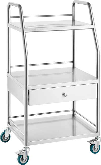 Vevor Lab Serving Cart 3-Tier Stainless Steel with Drawer and Lockable Wheels New