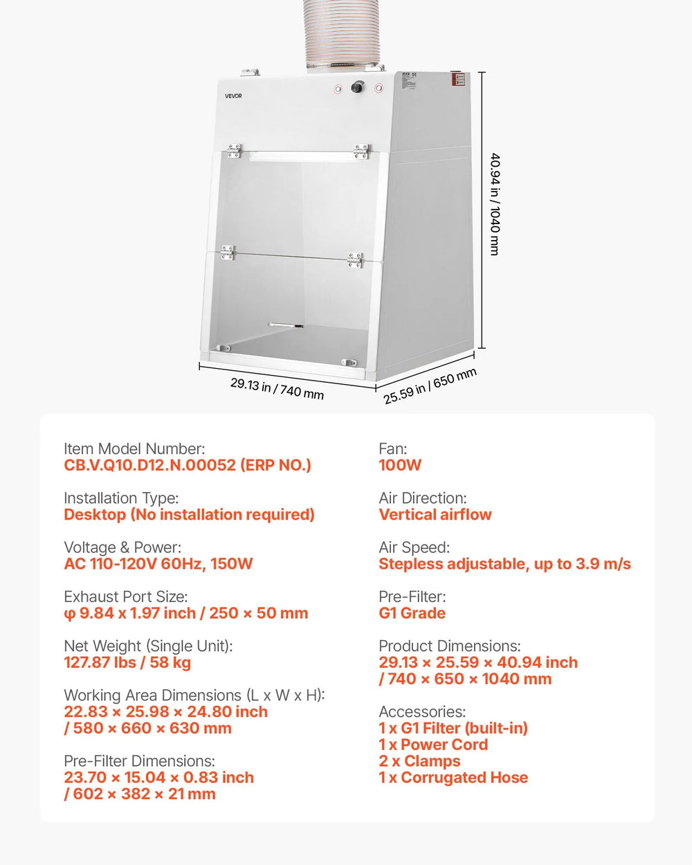 Vevor Ducted Fume Hood 25.98" x 22.8" x 24.8" with LED Light G1 Pre-Filter New