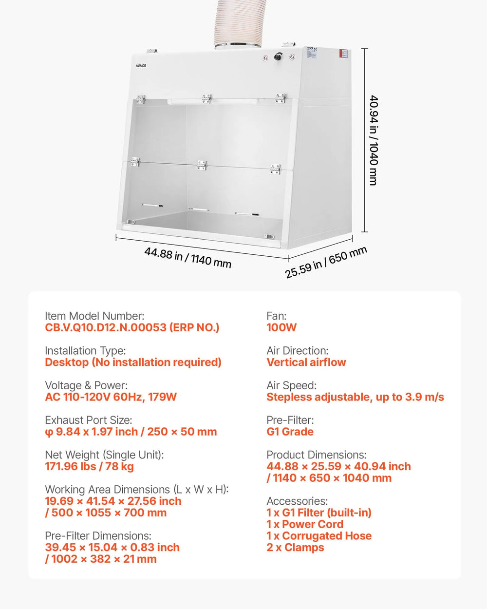 Vevor Ducted Fume Hood 41.5" x 19.7" x 27.5" with LED Light G1 Pre-Filter New