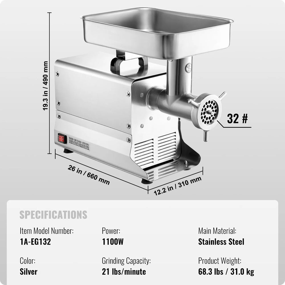 Vevor Electric Meat Grinder 21 Lbs/Min 1100W Stainless Steel Sausage Stuffer New