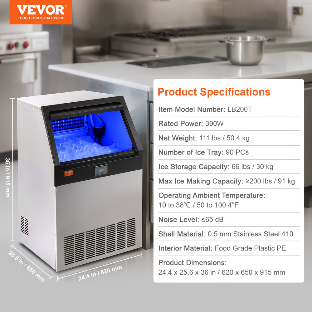 Vevor Commercial Ice Maker 200 Lbs./Day with 66 Lbs Storage Capacity Electric Drainage New