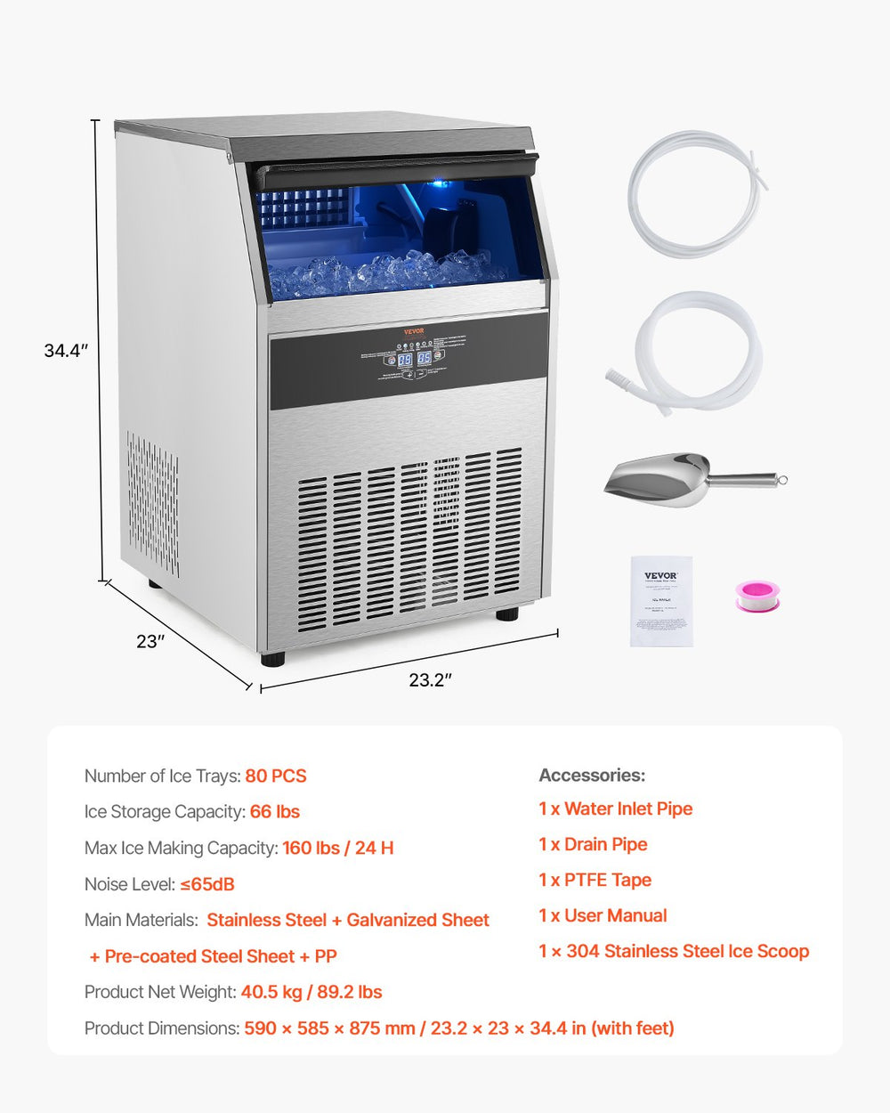 Vevor Commercial Ice Maker Freestanding Cabinet 160lbs/24Hr with 66lbs Storage New