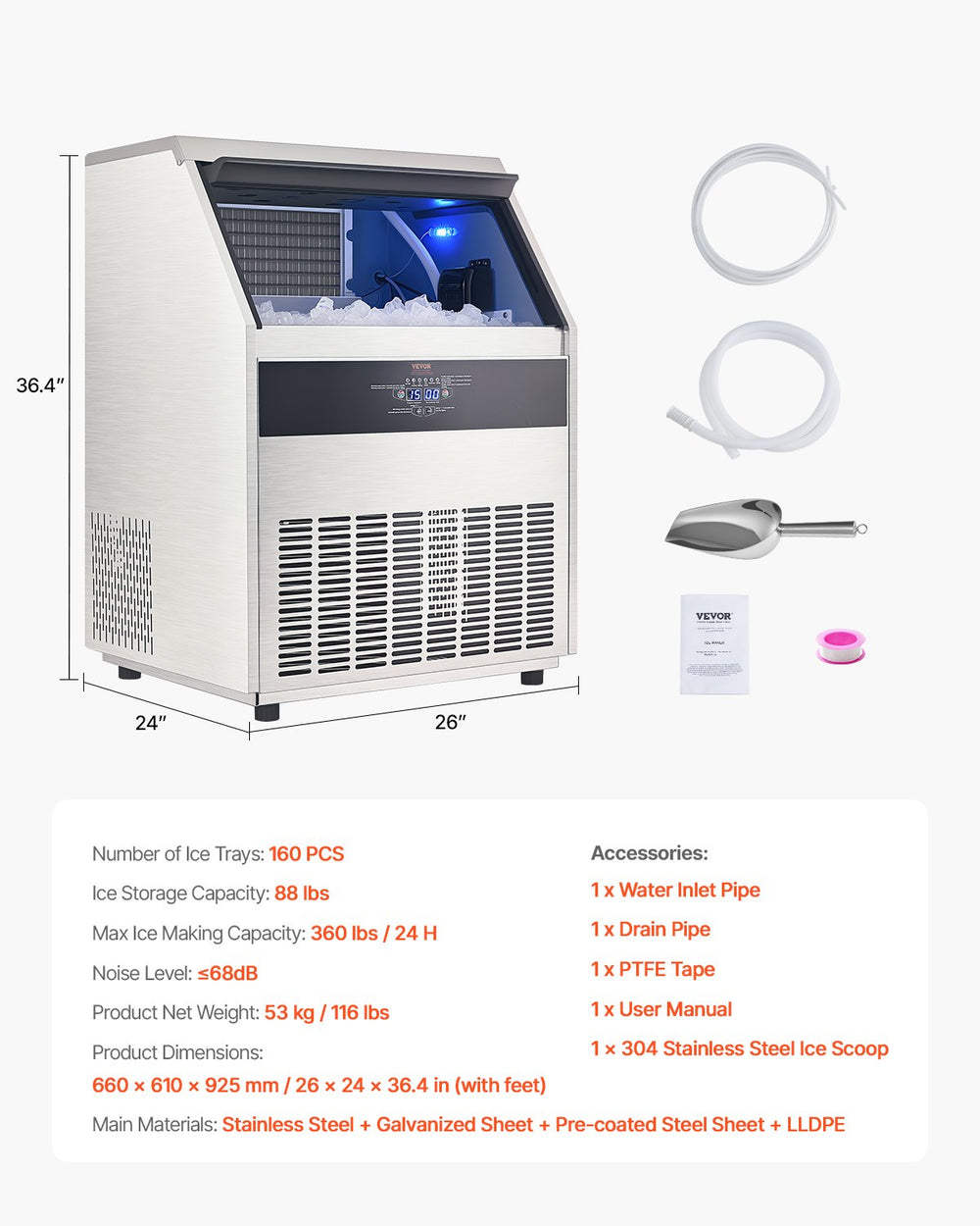 Vevor Commercial Ice Maker Freestanding Cabinet 360Lbs/Day with 88 Lbs Storage New