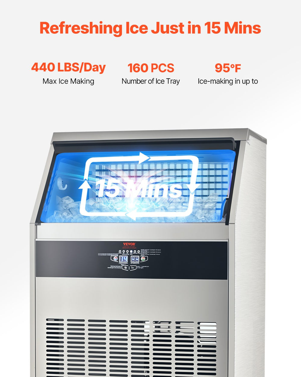 Vevor Commercial Ice Maker Freestanding Cabinet 440Lbs/24Hr with 110 Lbs Storage New