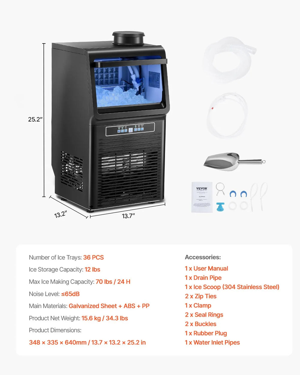 Vevor Commercial Ice Maker 70 Lbs/24H 36 Cubes Freestanding with Self-Cleaning New