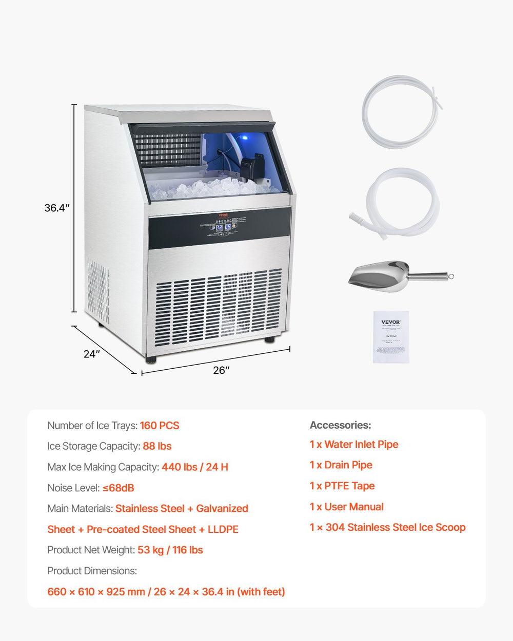 Vevor Commercial Ice Maker Freestanding Cabinet 440Lbs/24Hr with 88 Lbs Storage New