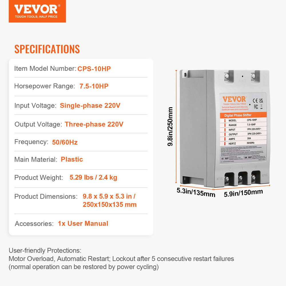 Vevor Digital Phase Converter Single to 3-Phase 10HP 30A 220V New
