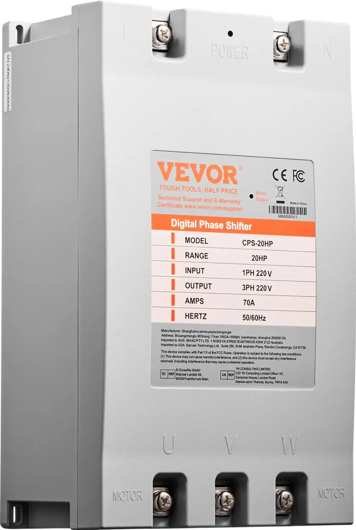 Vevor Digital Phase Shifter Single to 3-Phase Converter 20HP 70A 220V Input/Output New
