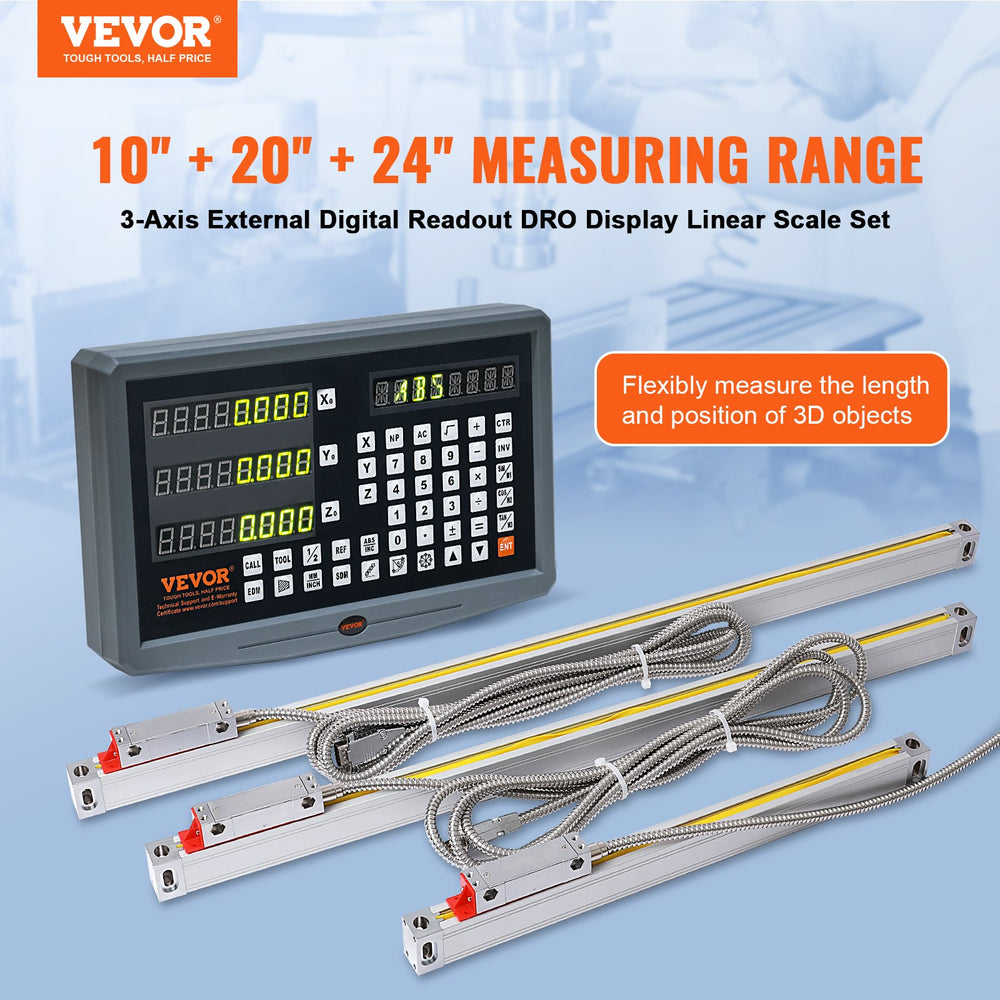 Vevor Linear Scale 3-Axis DRO Display Kit 10" 20" & 24" Travel Length Digital Readout New