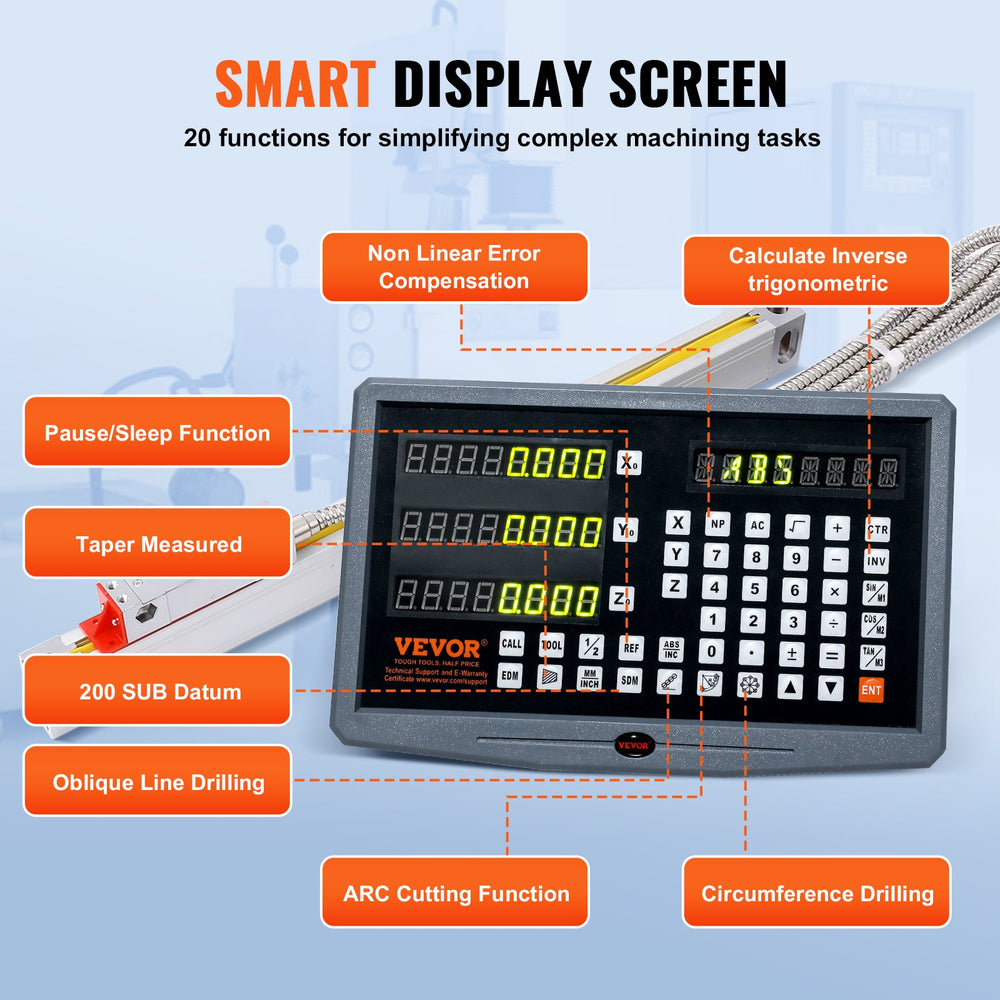 Vevor Linear Scale 3-Axis DRO Display Kit 10" 20" & 24" Travel Length Digital Readout New