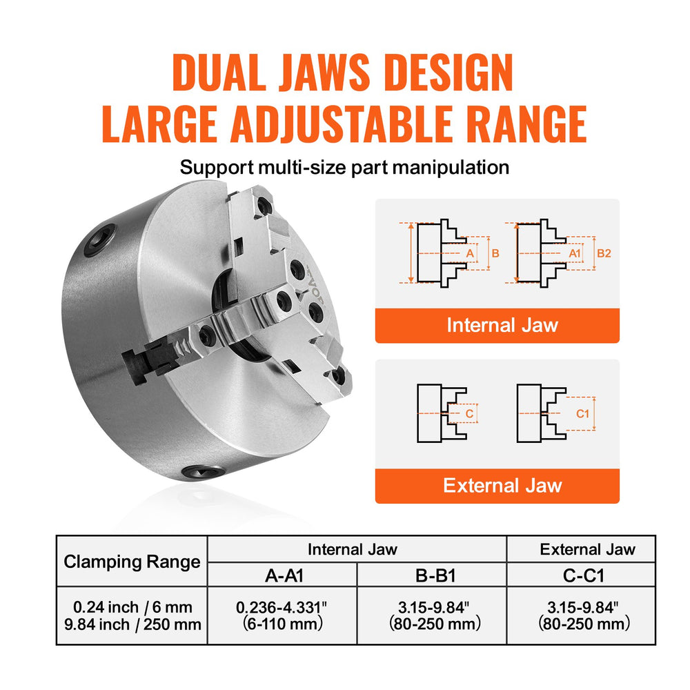 Vevor 3-Jaw Lathe Chuck 10" Self-Centering 6-250mm Clamping Range New