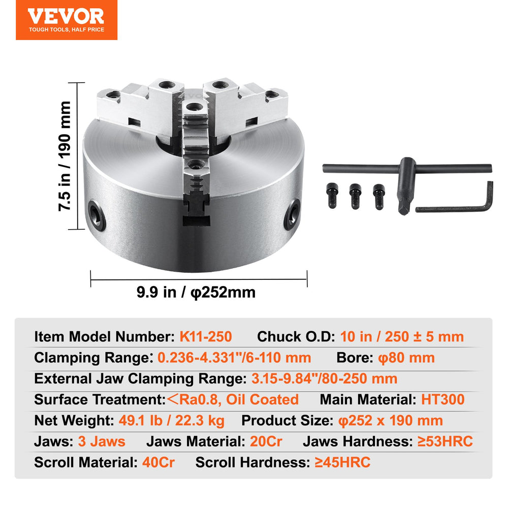 Vevor 3-Jaw Lathe Chuck 10" Self-Centering 6-250mm Clamping Range New