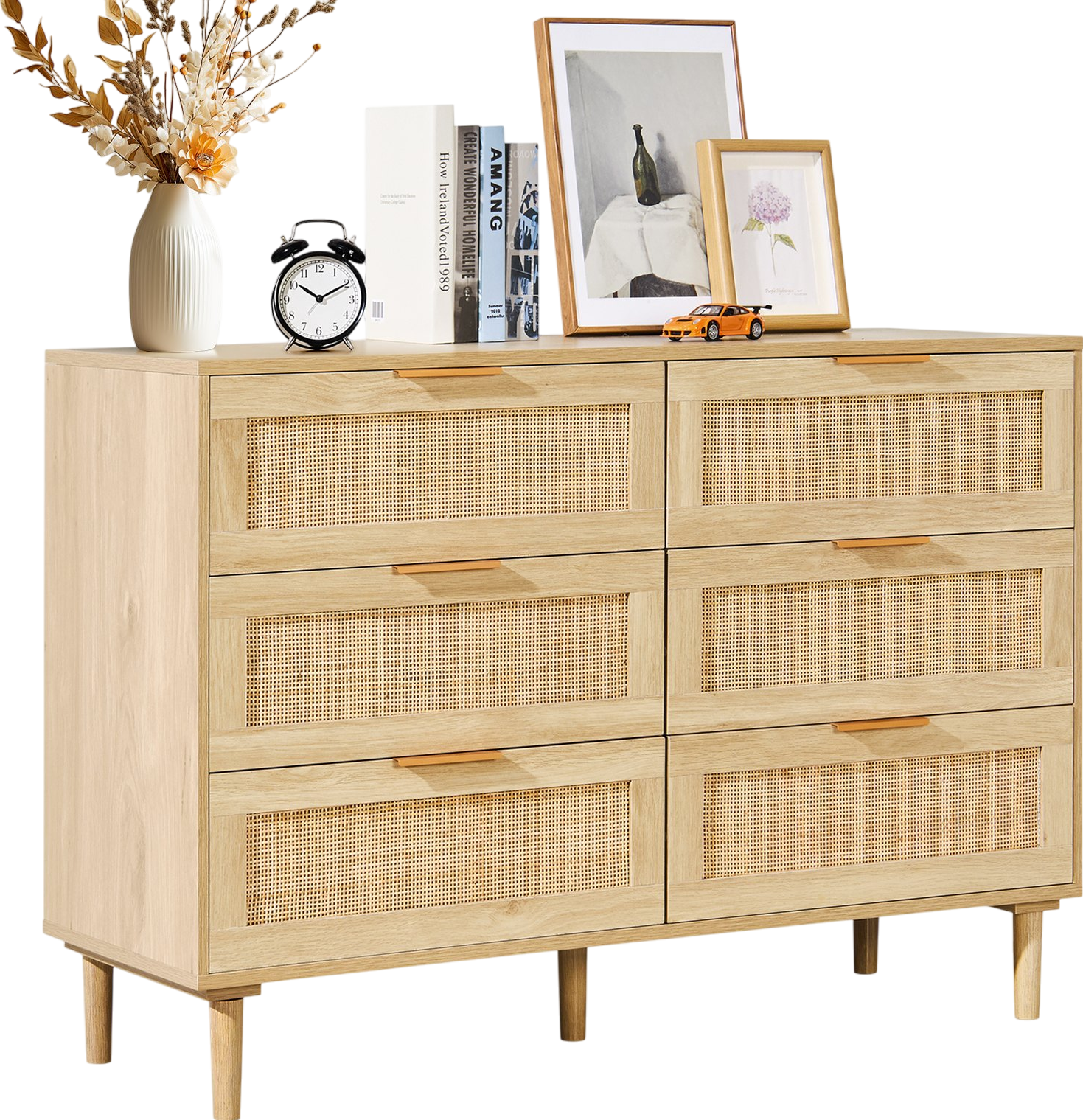Vevor Rattan Dresser 6 Drawers Natural Wood 43