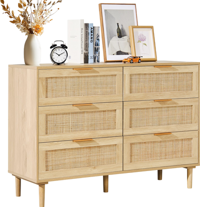 Vevor Rattan Dresser 6 Drawers Natural Wood 43