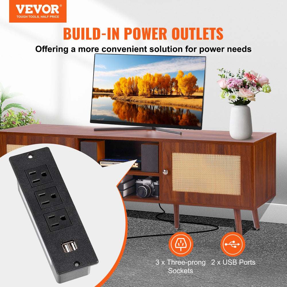 Vevor Rattan TV Stand for 65" TV with Built-in Socket USB Ports Adjustable Shelf New