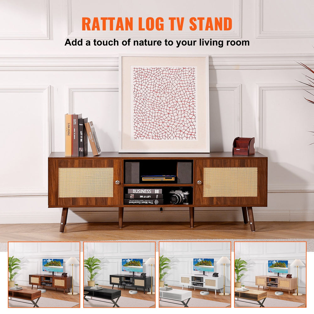Vevor Rattan TV Stand for 65" TV with Built-in Socket USB Ports Adjustable Shelf New