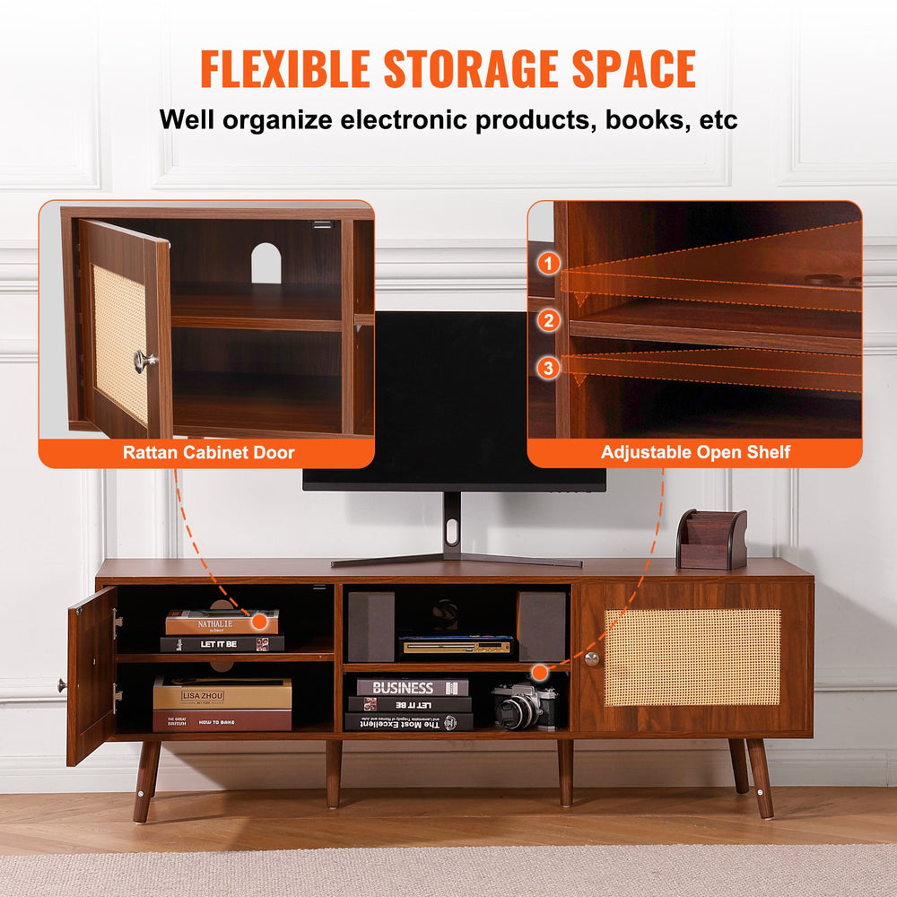 Vevor Rattan TV Stand for 65" TV with Built-in Socket USB Ports Adjustable Shelf New