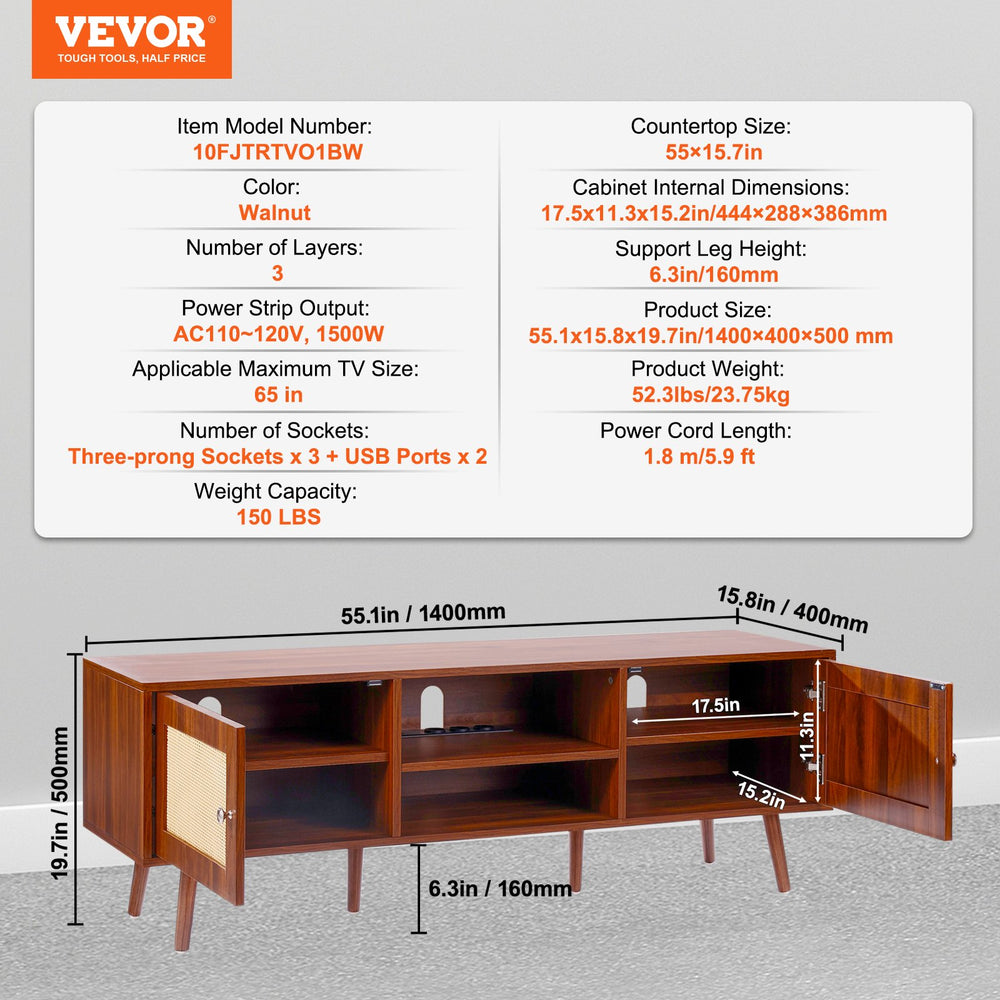 Vevor Rattan TV Stand for 65" TV with Built-in Socket USB Ports Adjustable Shelf New