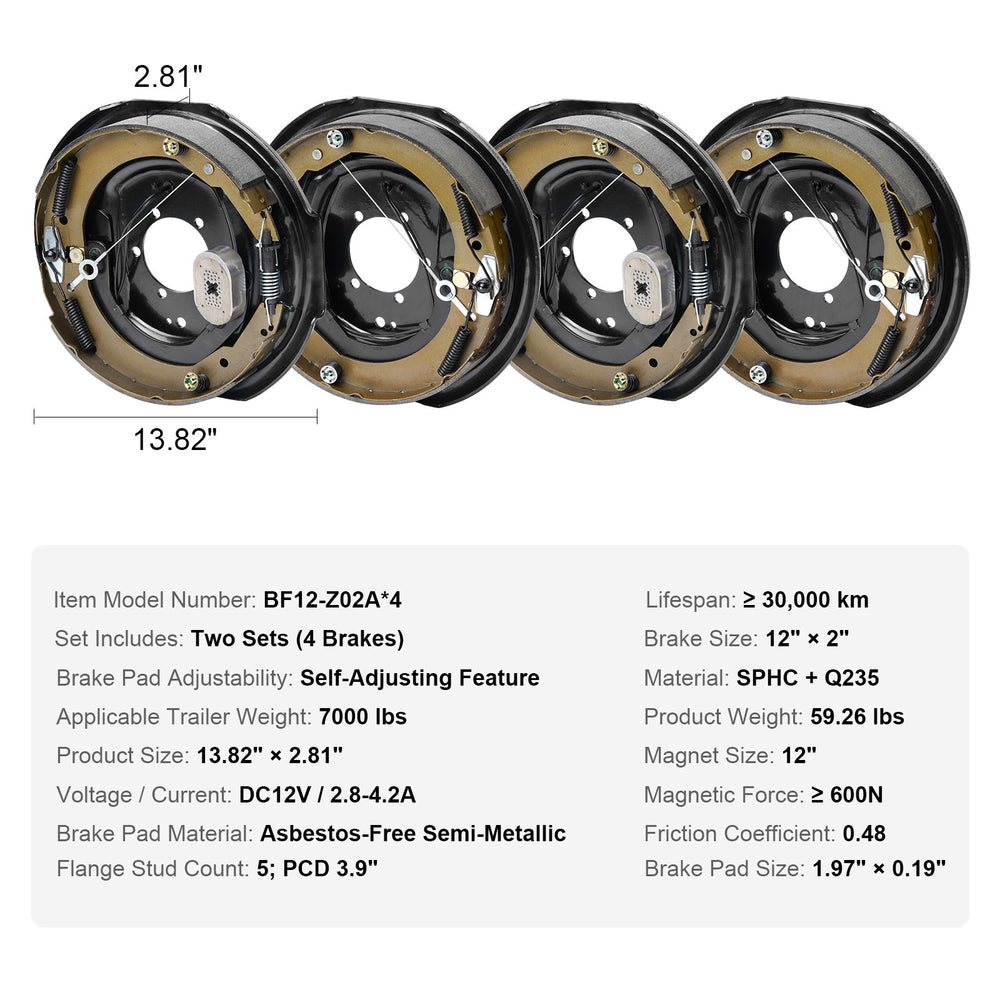 Vevor Electric Trailer Brake Assembly 12" x 2" Self-Adjusting Kit for 7000 Lbs. Axle 2 Pairs New