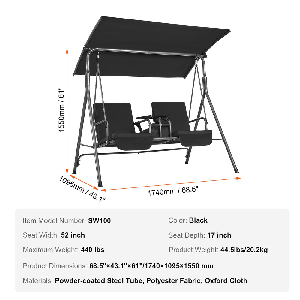 Vevor Patio Swing Chair 2-Seat with Adjustable Canopy Rotating Tray Steel Frame New