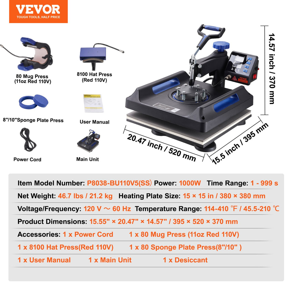 Vevor Heat Press 5-in-1 Machine 15" x 15" for Shirts Hats & Mugs New