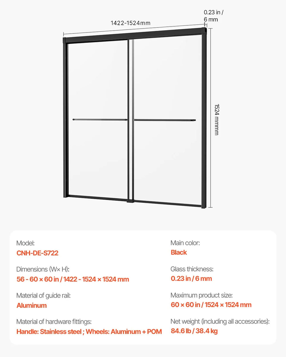 Vevor Bathtub Shower Door 56-60" x 60" Semi-Frameless 6mm Tempered Glass New
